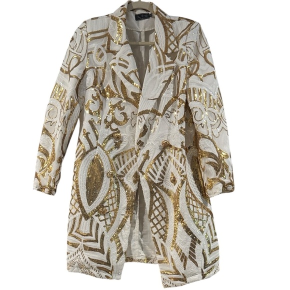 Blithe Jackets & Blazers - BLITHE White & Gold Sequin Embellished Art Deco Blazer Coat/Jacket size M